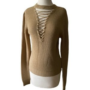 Long Sleeve Tan Sweater with Lace Up Detail in Deep V Opening Size Medium
